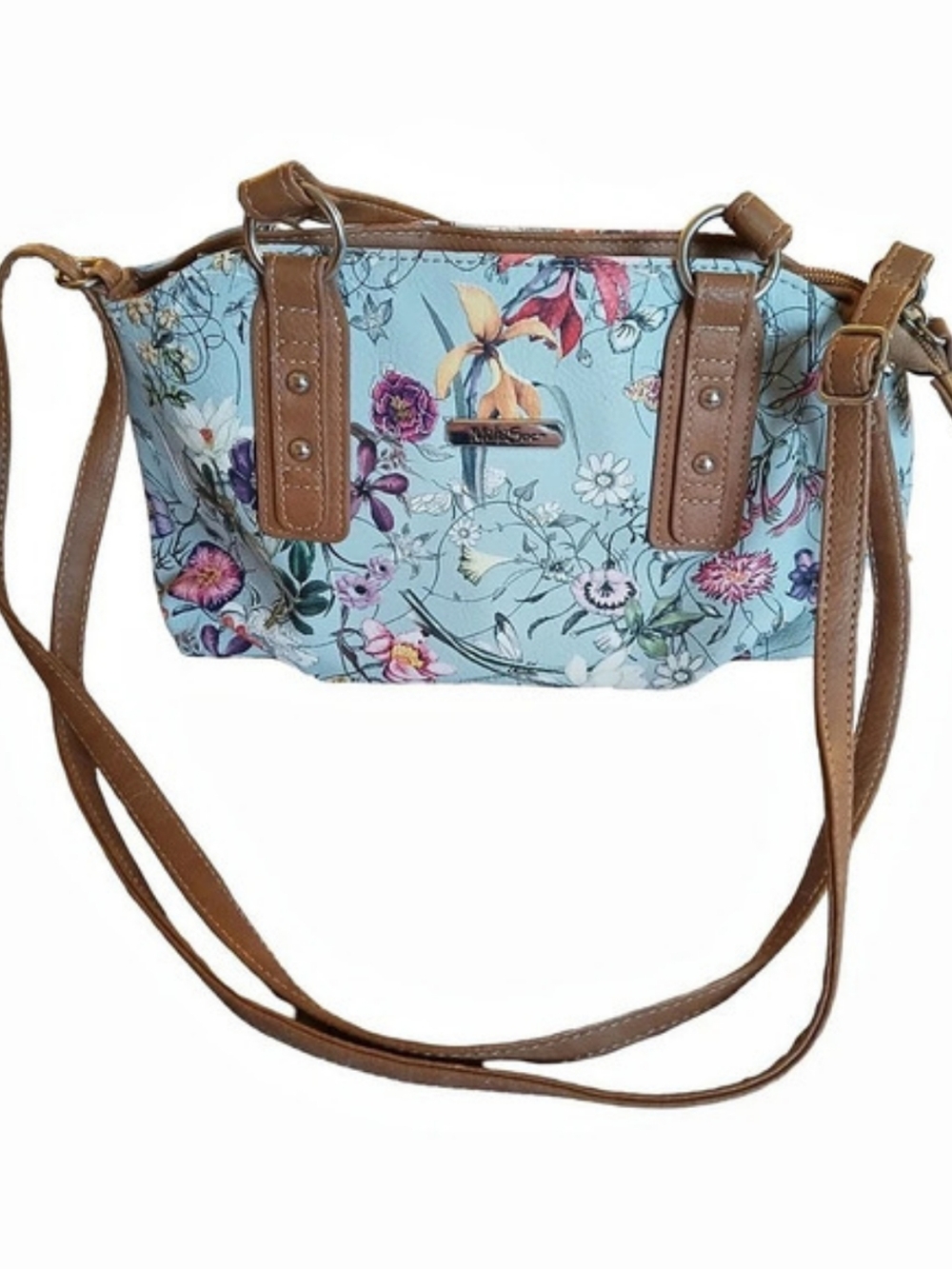 Mali + Lily Floral Shoulder Bag in Blue & Brown